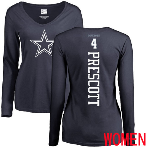 Women Dallas Cowboys Navy Blue Dak Prescott Backer Slim Fit #4 Long Sleeve Nike NFL T Shirt->women nfl jersey->Women Jersey